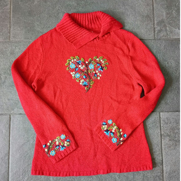 Coldwater Creek Sweaters - Coldwater Creek Vintage Red Knit Turtleneck Sweater Floral Embroidered Heart